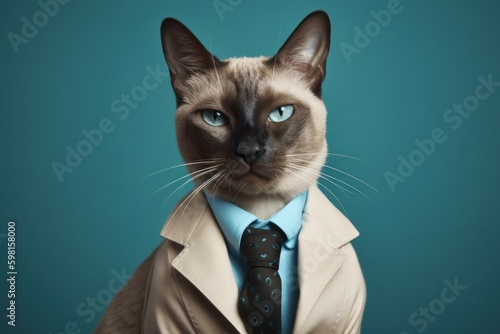 Anthropomorphic cat Siamese dressed in a suit like a businessman. business concept. AI generated  human enhanced