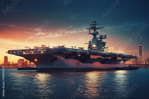 Aircraft carrier at night. Military strategic ship. AI generated, human enhanced.