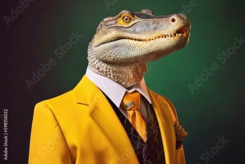 Anthropomorphic crocodile dressed in a suit like a businessman. business concept. AI generated, human enhanced
