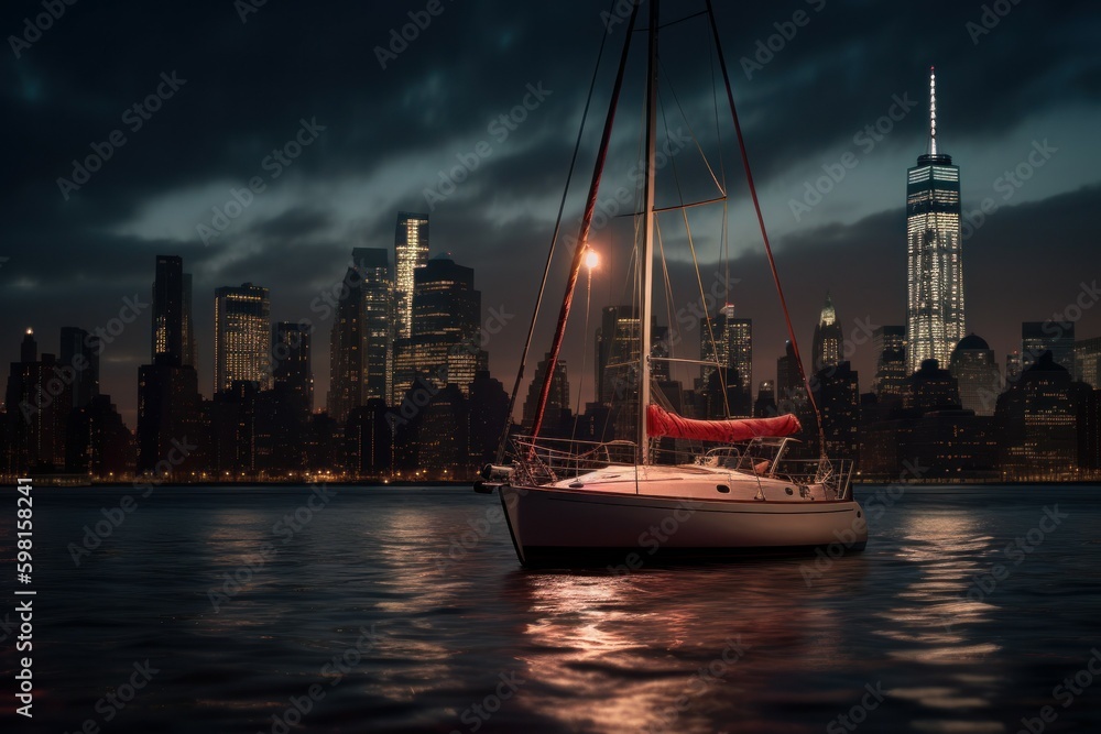 Sailboat at night at sea. Backdrop or background with copy space. AI generated, human enhanced.