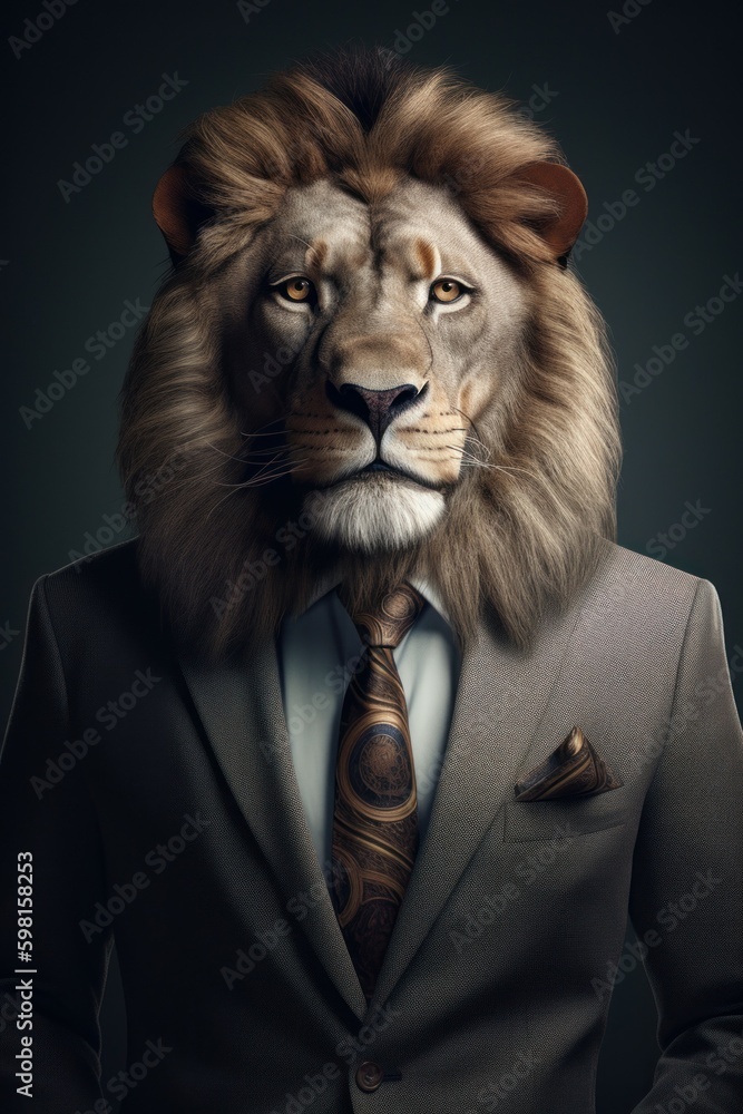 An anthropomorphic proud lion dressed in a business suit like a boss. AI generated, human enhanced An anthropomorphic proud lion dressed in a business suit like a boss. AI generated, human enhanced