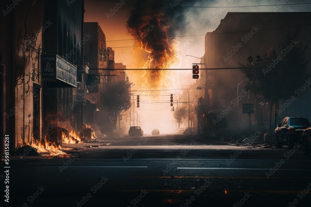 A burned city street with no life apocalyptic scene, selective focus. AI generated, human enhanced