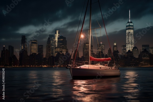 Sailboat at night at sea. Backdrop or background with copy space. AI generated, human enhanced.