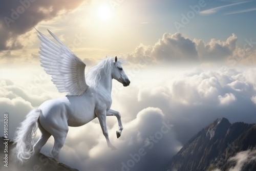 Fairy pegasus in the mountains above the clouds, selective focus. AI generated, human enhanced