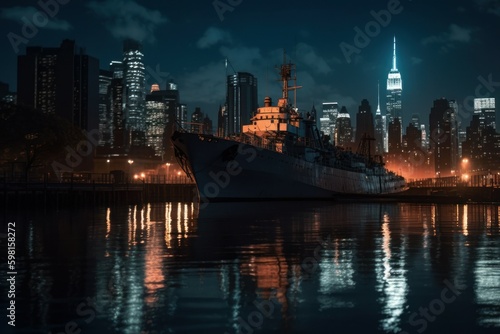 Warship at night. Background with copy space for text. AI generated, human enhanced.