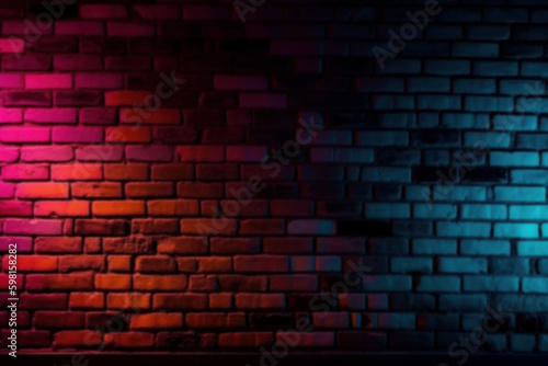 Blurred brick wall background with neon light. Defocused back. Bokeh blank, graphic resource. AI generated