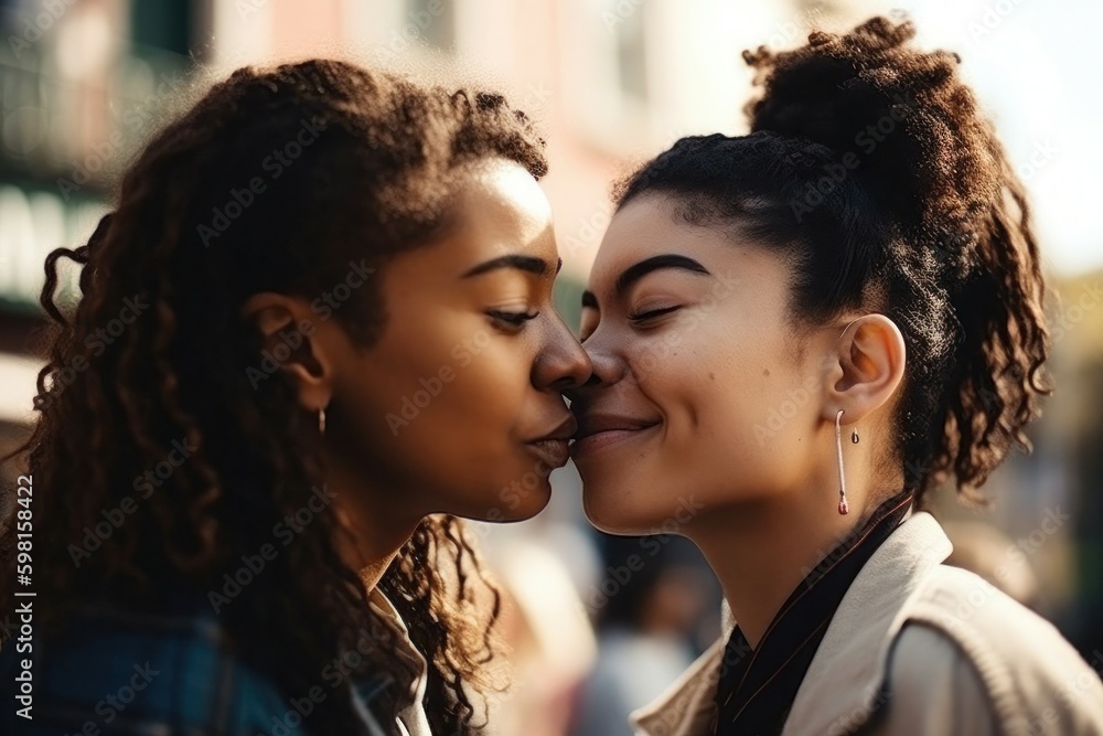 Young lesbian couple in their moment of intimacy at night in the street. AI generated, human enhanced Young lesbian couple in their moment of intimacy at night in the street. AI generated, human enhanced