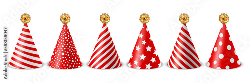 Vector 3d Realistic Red and White Birthday Party Hat Icon Set Isolated on White Background. Party Cap Design Template for Party Banner, Greeting Card. Holiday Hats, Cone Shape, Front View
