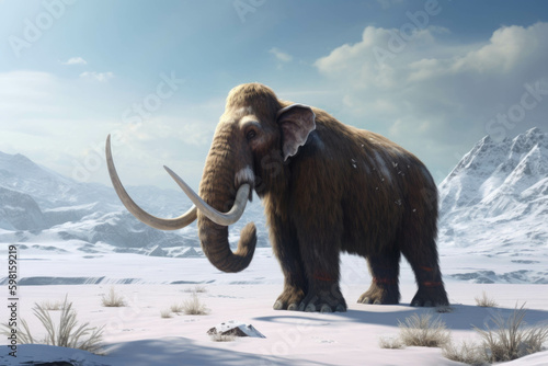 An ilration of a woolly mammoth migrating across a snowcovered landscape.. AI generation. Generative AI © Justlight