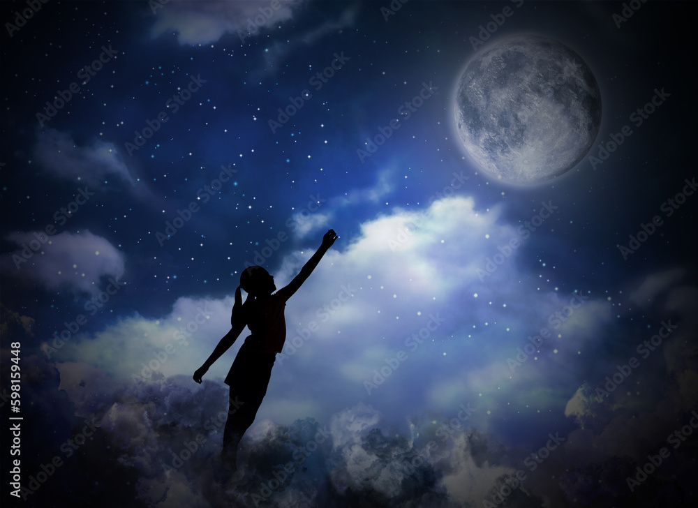 Sleepwalking condition. Silhouette of girl reaching to moon on starry night