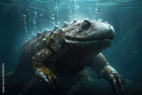 An ambitious water dinosaur taking the plunge diving deep in its search for food.. AI generation. Generative AI © Justlight