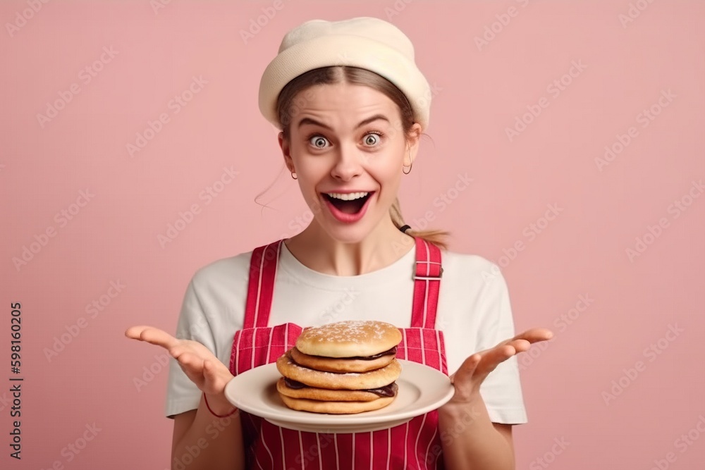 In a playful studio setting, a woman dressed in comical chef attire proudly displays a plate of delicious snacks. Ai generated. In a playful studio setting, a woman dressed in comical chef attire proudly displays a plate of delicious snacks. Ai generated.