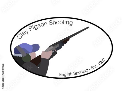 Clay Pigeon or hunting logo vector in an oval shape with man aiming a shotgun