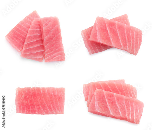 Collage with fresh tuna sashimi isolated on white, top view