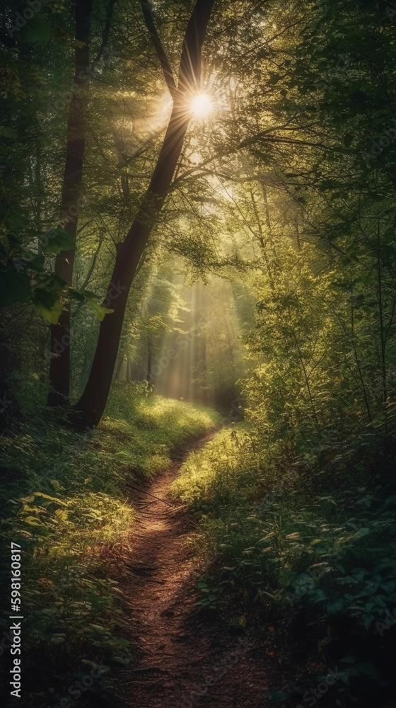 Beautiful rays of sunlight in a green forest. AI generative Beautiful rays of sunlight in a green forest. AI generative