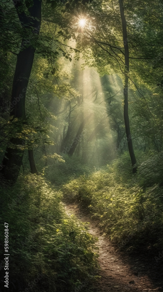 Fototapeta premium Beautiful rays of sunlight in a green forest. AI generative