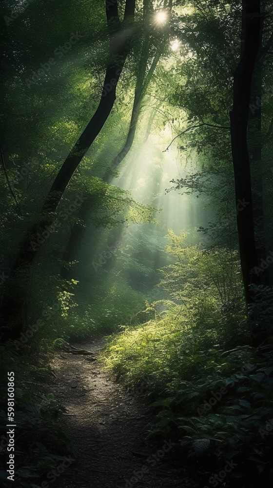 Beautiful rays of sunlight in a green forest. AI generative Beautiful rays of sunlight in a green forest. AI generative
