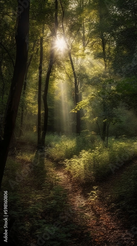 Beautiful rays of sunlight in a green forest. AI generative