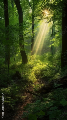 Beautiful rays of sunlight in a green forest. AI generative © SANGHYUN