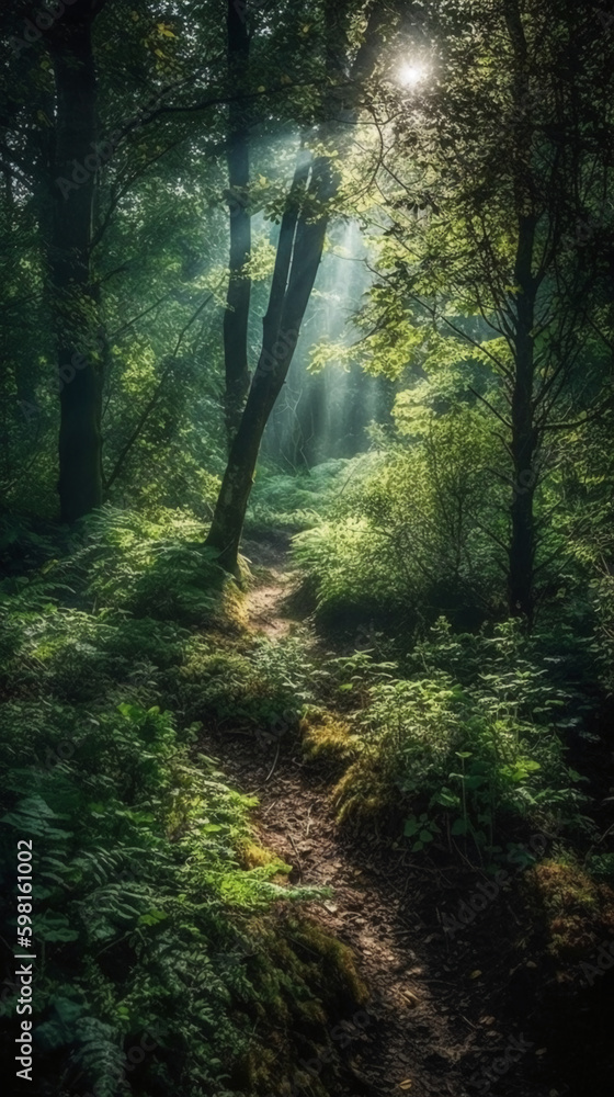 Obraz premium Beautiful rays of sunlight in a green forest. AI generative