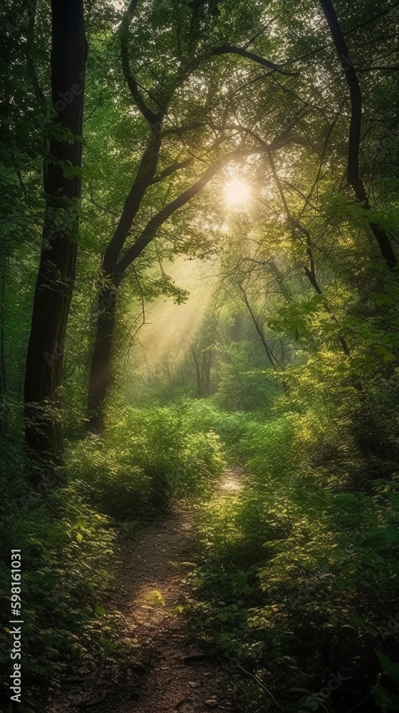 Obraz premium Beautiful rays of sunlight in a green forest. AI generative