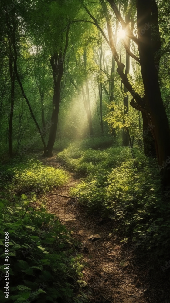 Naklejka premium Beautiful rays of sunlight in a green forest. AI generative
