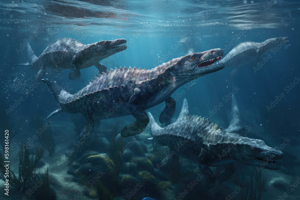 A group of water dinosaurs hunting their prey in the depths of the ocean.. AI generation. Generative AI
