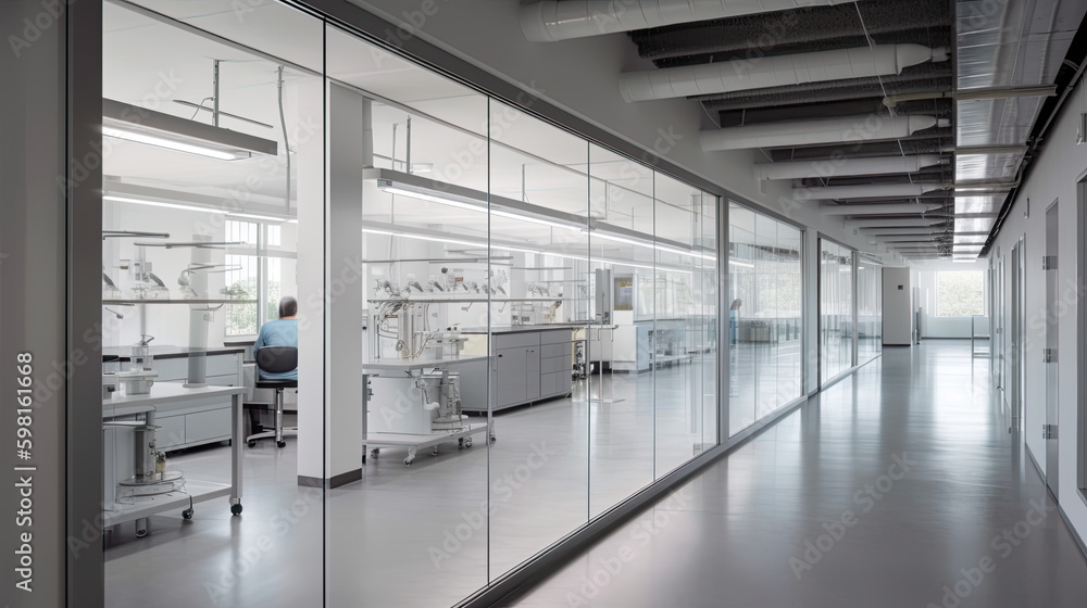 A large corridor in research facility with scientific laboratory interior behind glass wall. AI generative. A large corridor in research facility with scientific laboratory interior behind glass wall. AI generative.