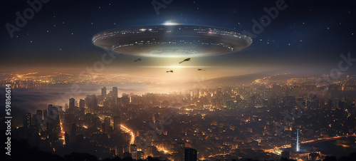 A UFO flies over a crowded city at night. AI generated image. © Jacques Evangelista