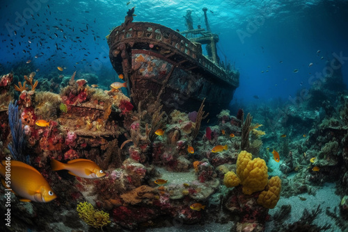 An underwater world teeming with exotic sea creatures, including jellyfish, sea turtles, and schools of colorful fish, with a mysterious sunken ship in the distance, Generative AI