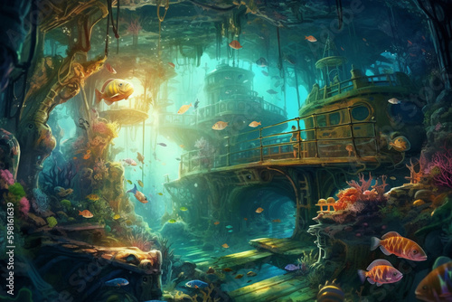 An underwater world teeming with exotic sea creatures, including jellyfish, sea turtles, and schools of colorful fish, with a mysterious sunken ship in the distance, Generative AI © Vincent