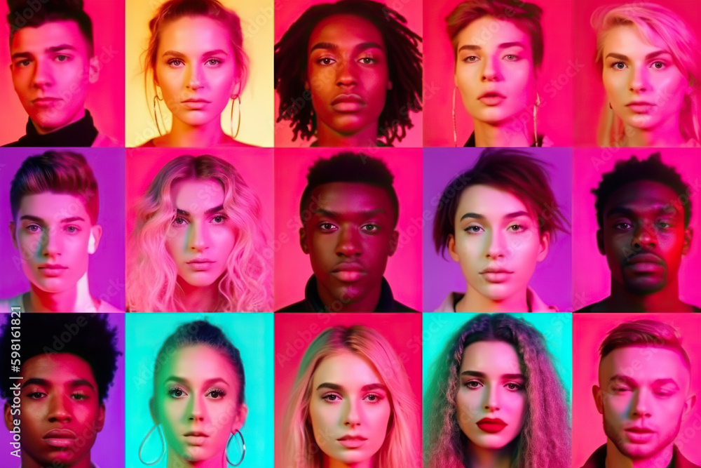 A group of people with different colored faces A group of people with different colored faces