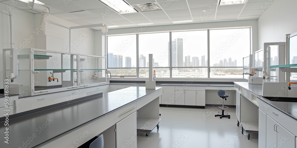 A lab with white cabinets and a black chair. AI generative clean laboratory interior A lab with white cabinets and a black chair. AI generative clean laboratory interior