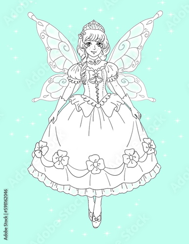 decorative coloring book illustration with beautiful elf princess