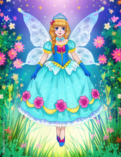Cute fairytale princess with butterfly wings coloring page