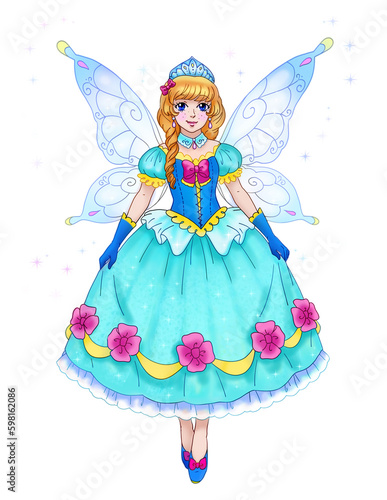isolated colorful drawing of a beautiful winged fairytale princess 