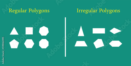 Regular and irregular polygons in mathematics. Vector illustration isolated on chalkboard.
