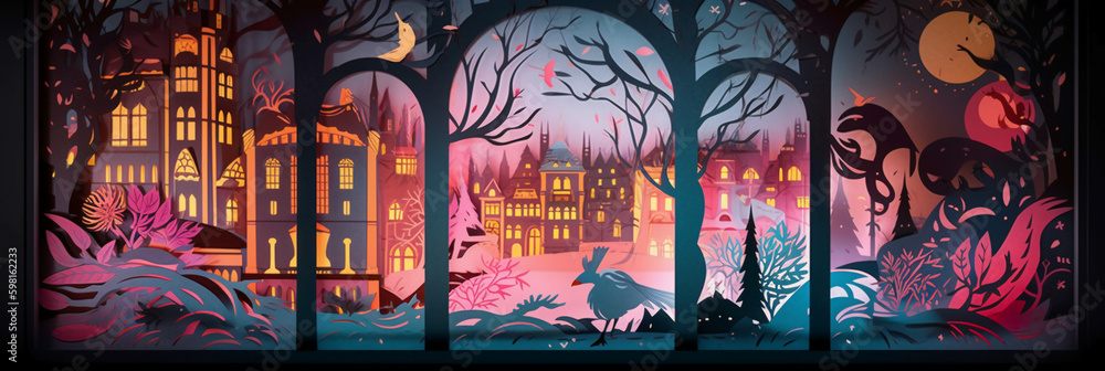 Fototapeta premium Fairy tale, Christmas scene, winter window, wonderland, paper cut craft, paper illustration. AI generative