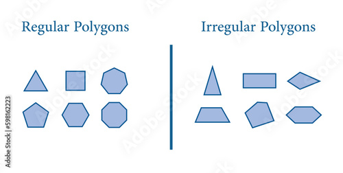 Regular and irregular polygons in mathematics. Vector illustration isolated on white background.