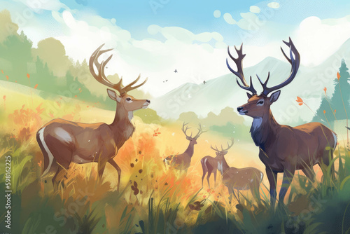 A herd of sabertoothed deer their elegant antlers swaying gracefully in the breeze grazing ast the lush grasses of a meadow.. AI generation. Generative AI