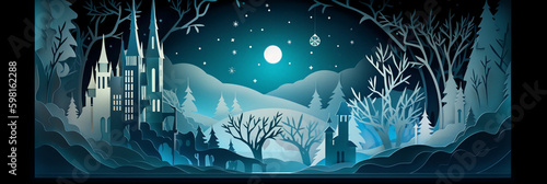 Fairy tale, Christmas scene, winter window, wonderland, paper cut craft, paper illustration. AI generative