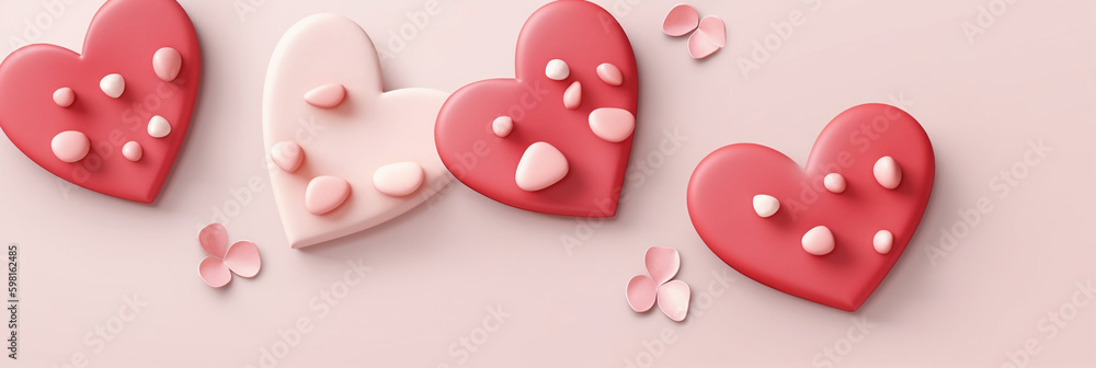 Mother's Day, Mom's Day or Women's Day or Valentines day flowers composition with hearts and copy space on pastel background. AI generative