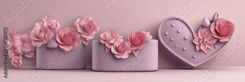 Mother's Day, Mom's Day or Women's Day or Valentines day flowers composition with hearts and copy space on pastel background. AI generative © SANGHYUN
