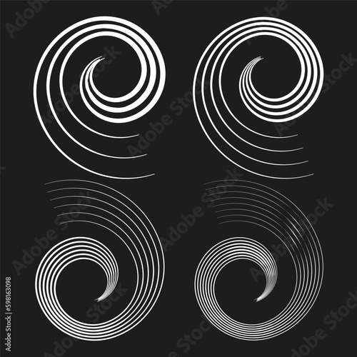 Spiral, swirl, twirl. Volute, helix, eddy and vortex shape. Radial lines with rotation. Vector illustration. 