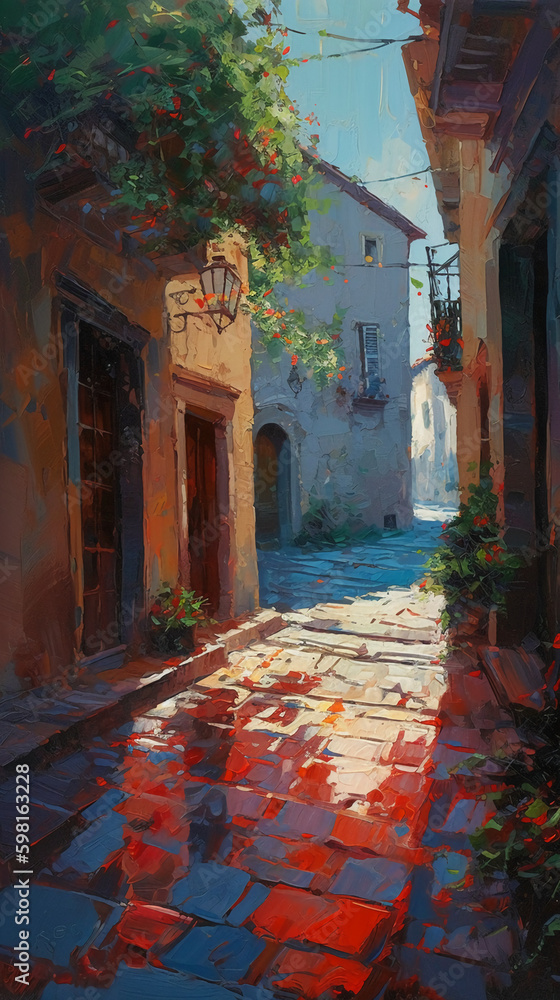 Courtyard, dappled light, strong use of white with bold red and blue. AI generative