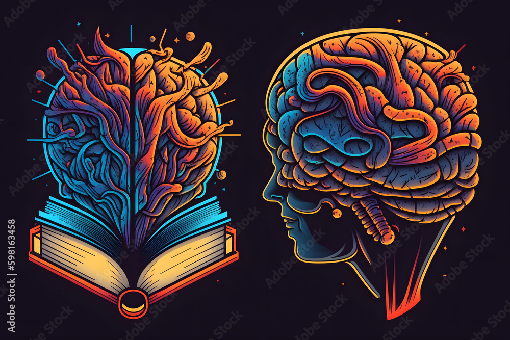 Fototapeta premium Human brain on a book, colorful illustration of generative AI