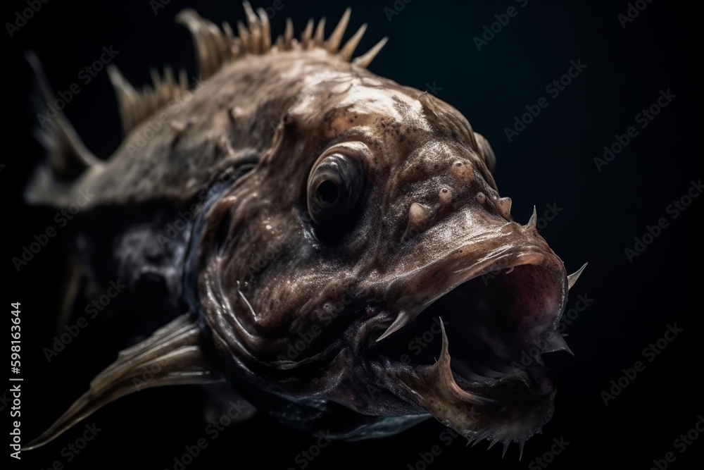 deep sea fish humpback anglerfish close up, terrifying fish with wide open mouth, generative AI deep sea fish humpback anglerfish close up, terrifying fish with wide open mouth, generative AI