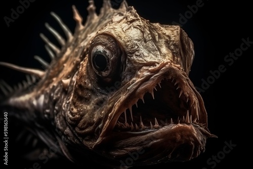 deep sea fish humpback anglerfish close up, terrifying fish with wide open mouth, generative AI photo