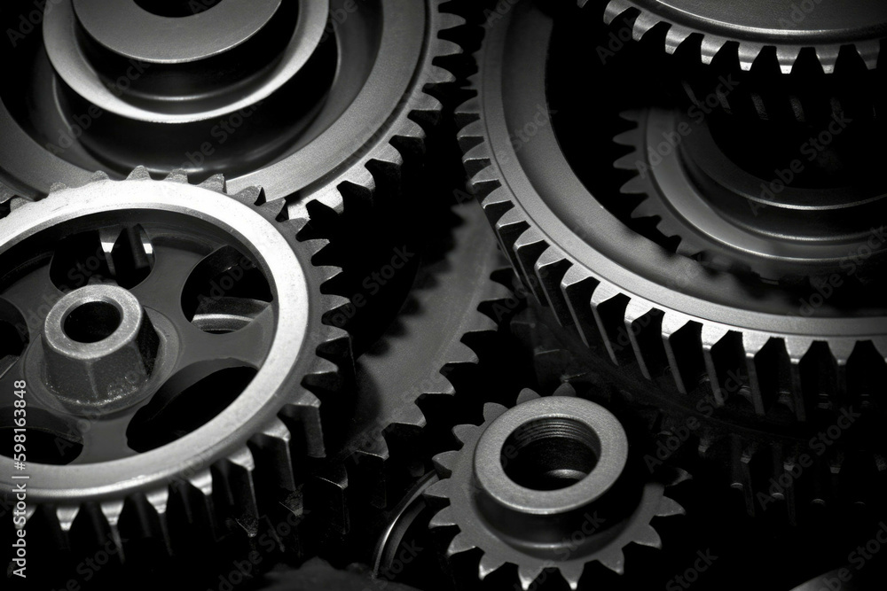 Close up of a black racing engine cogs pistons and cables visible. Speed drive concept. AI generation. Generative AI Close up of a black racing engine cogs pistons and cables visible. Speed drive concept. AI generation. Generative AI