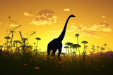 A Brachiosaurus wading through a meadow of wildflowers its long neck and tail silhouetted against the sky.. AI generation. Generative AI